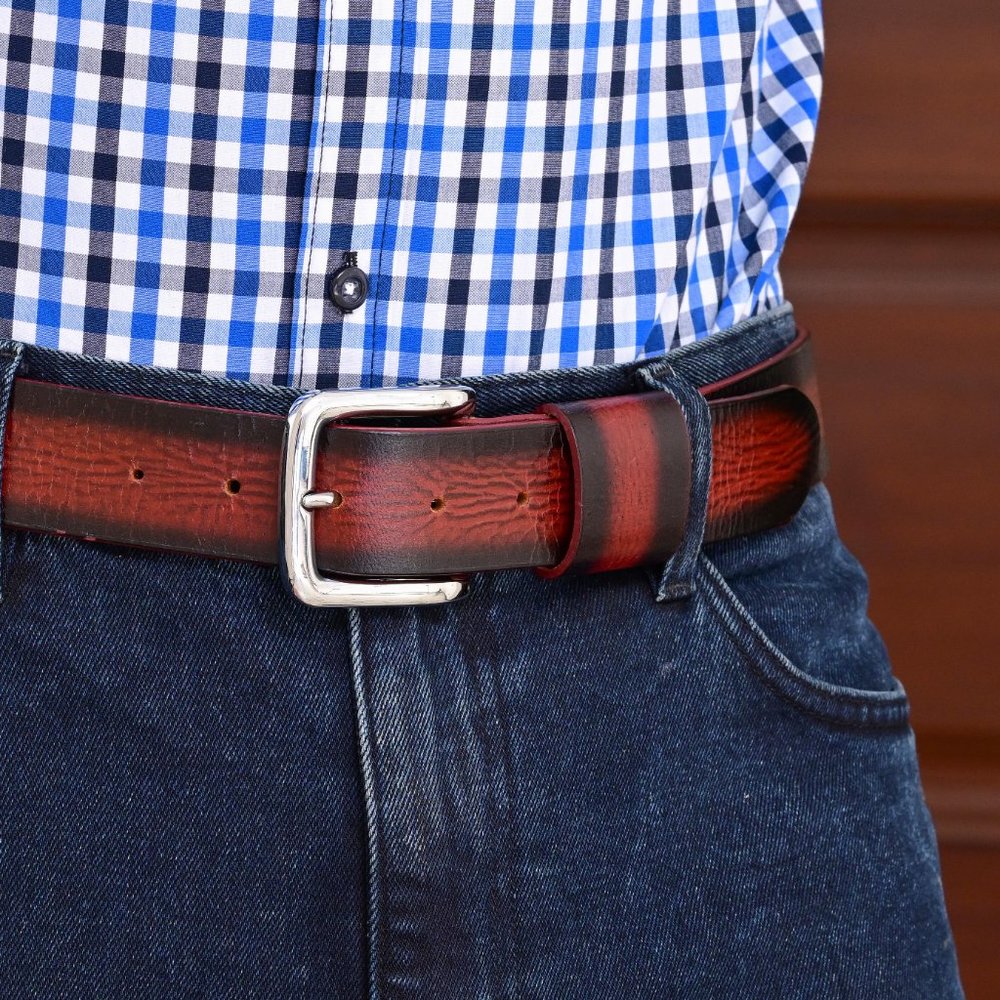 Full Grain Men's Vintage Sun Maroon Buffalo Leather Belt Free Personalization - Picture 11 of 14
